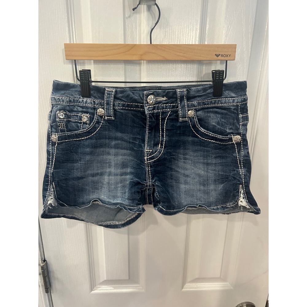 Miss Me Denim Shorts Blue Aztec Lace Rhinestone Distressed Mid Rise 27